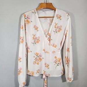 Old Navy Floral Wrap Blouse - White and Peach XL Romantic- Femenine